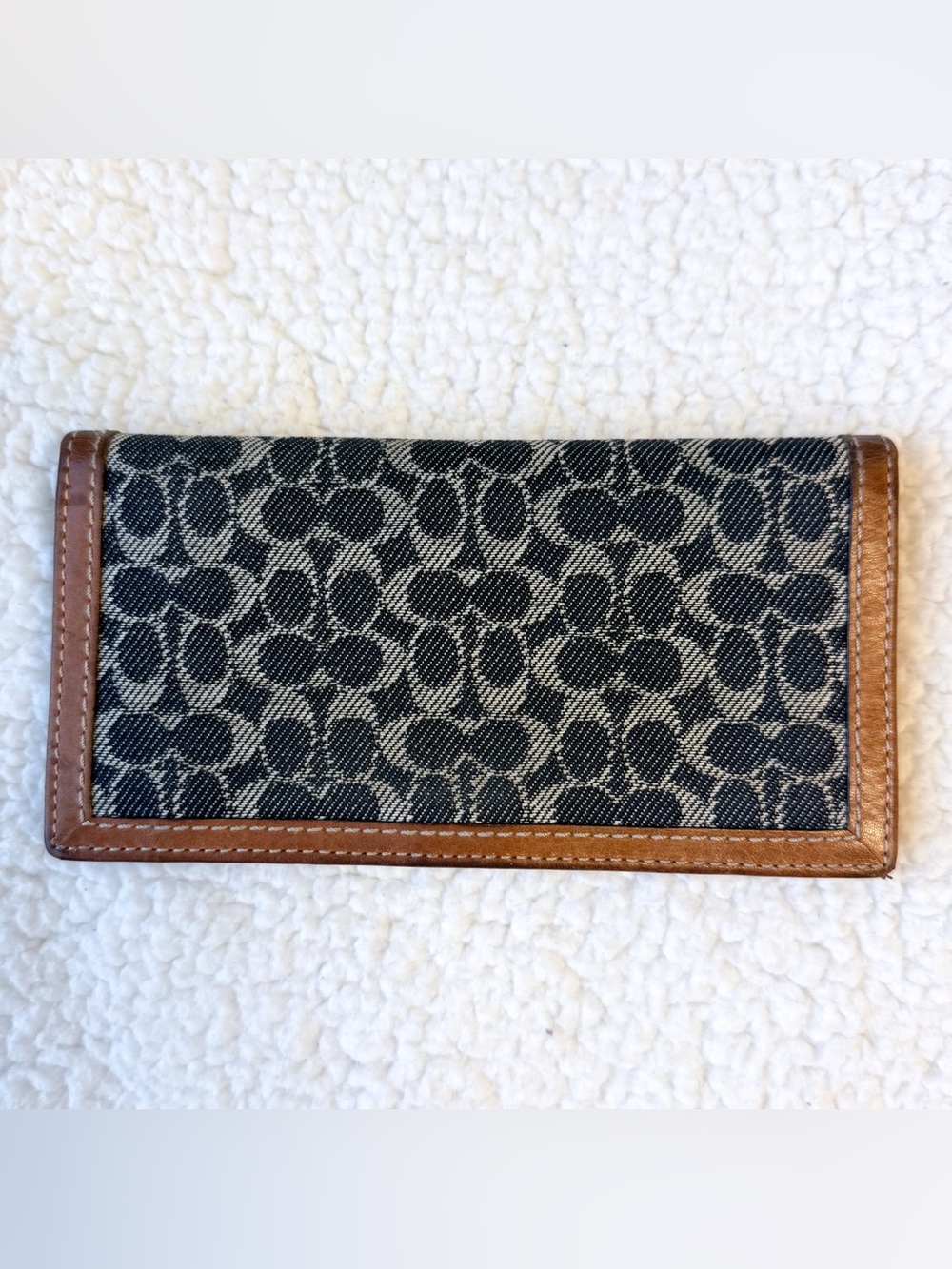 Vintage Coach Y2K Blue Denim Jacquard Brown Leather Checkbook Holder FAIR